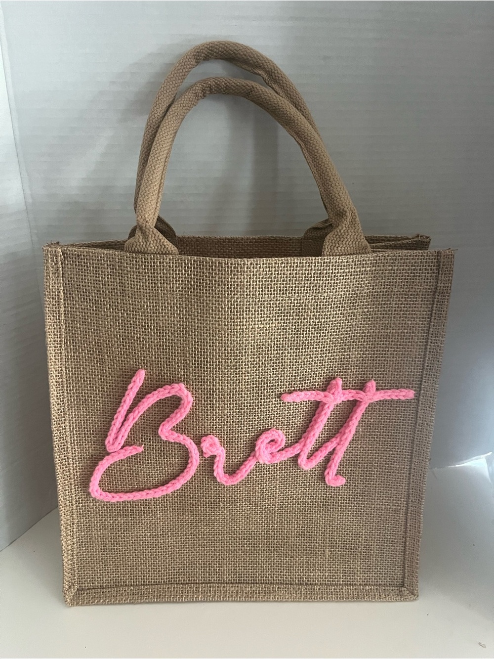 NEW PERSONALIZED JUTE TOTE BAG- "BRETT"- 12" X 12"